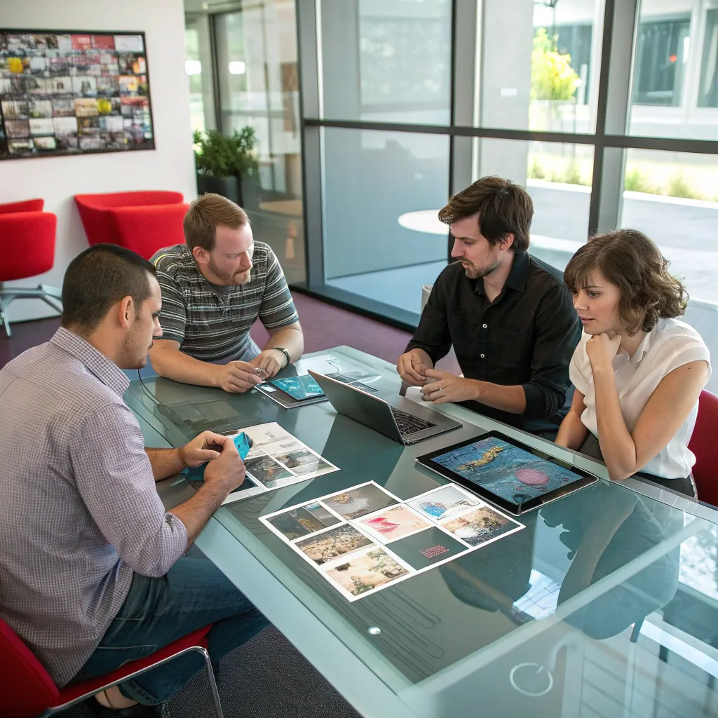 Animation studio team discussing a project in a modern office